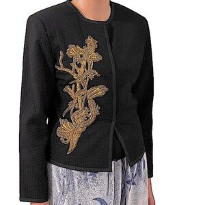 Vintage Black Quilted Fitted Jacket with Gold Thread Embroidery Size Medium